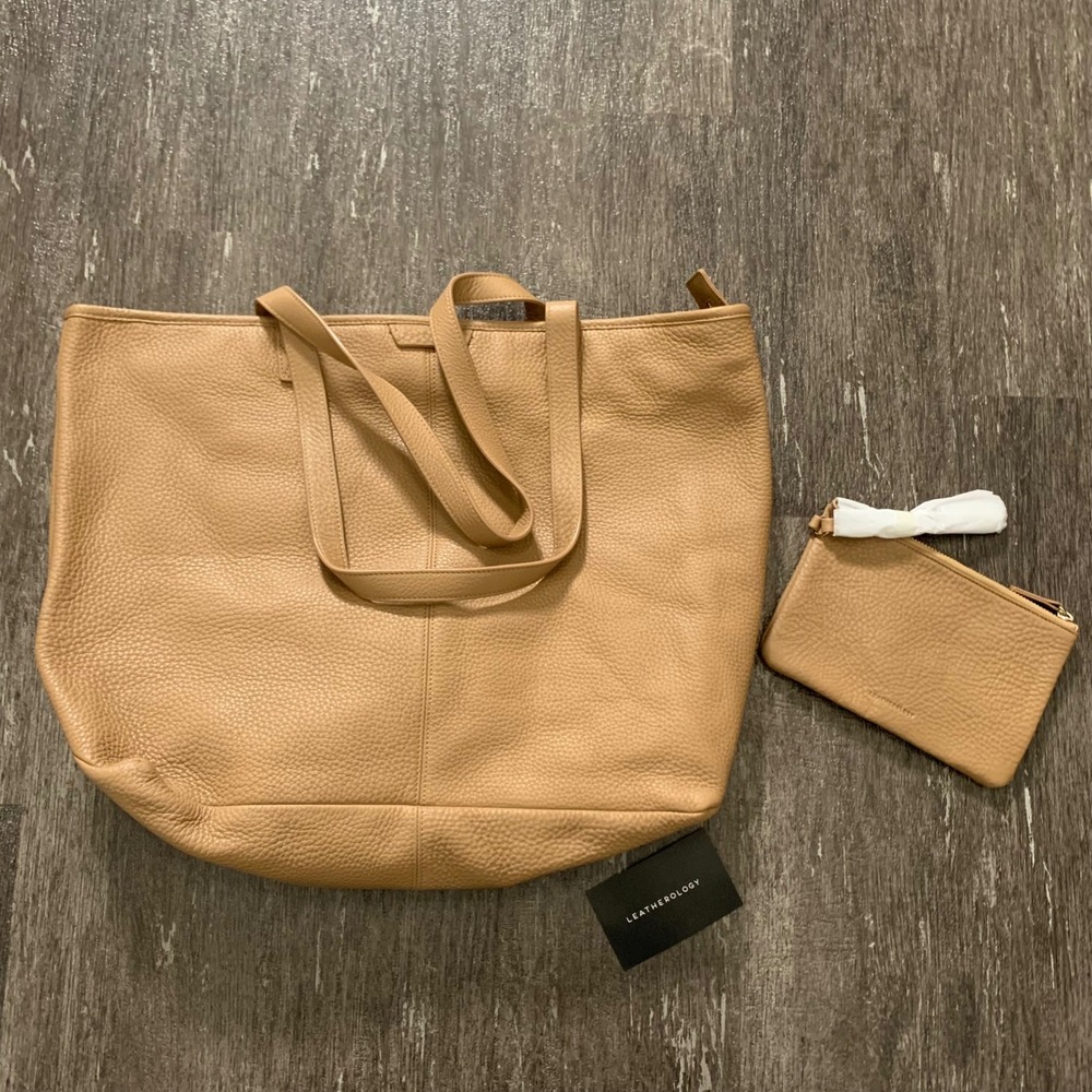 Leatherology Aleena Tote‎ Bag Cognac Pebbled Leather Pouch Included Women